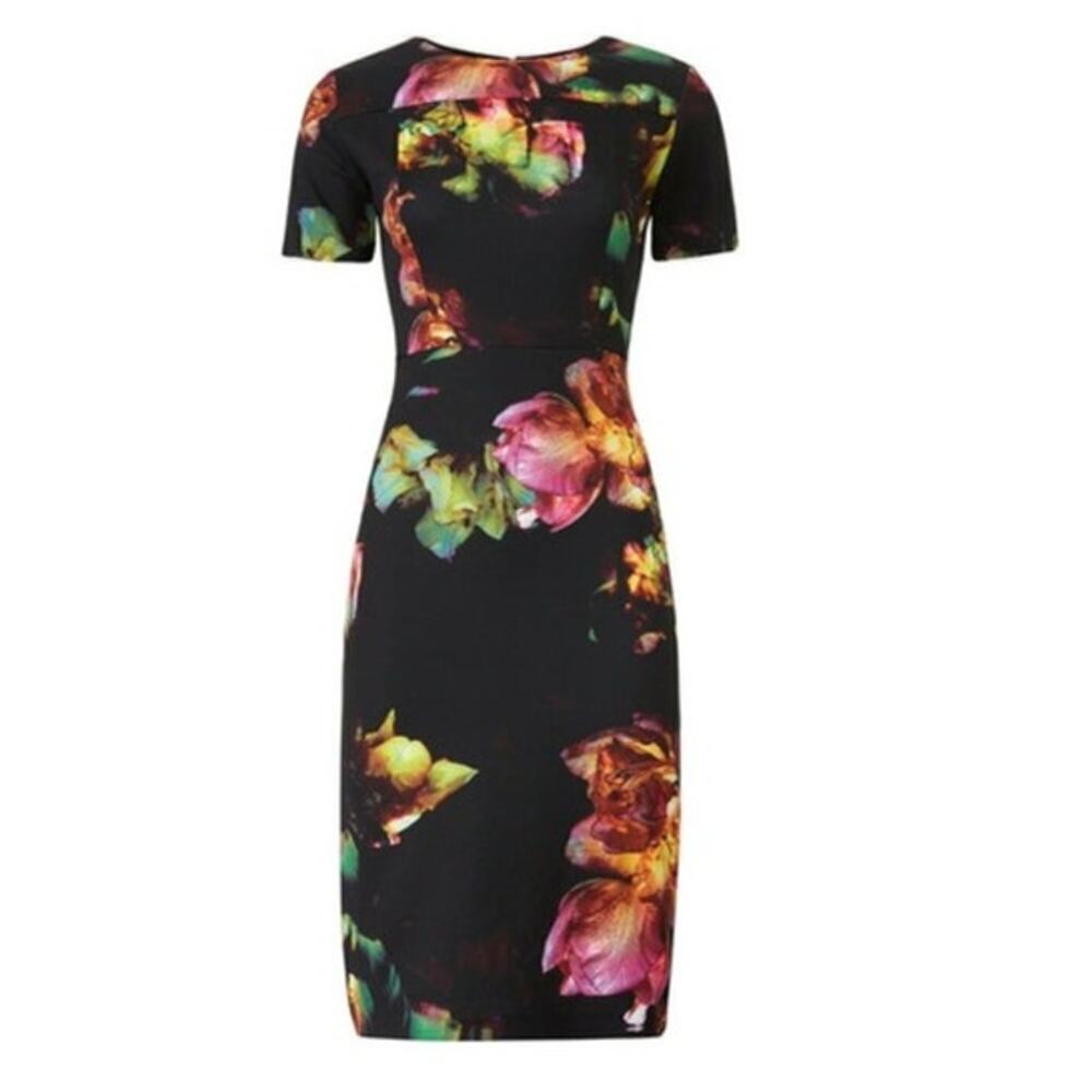 Alexia Admor Dress Floral Print Short Sleeve Knee Length A-Line Multicolor Small